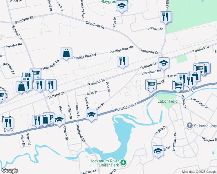 map of restaurants, bars, coffee shops, grocery stores, and more near 46 Pine Street in East Hartford