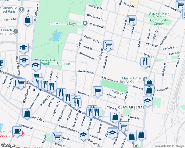 map of restaurants, bars, coffee shops, grocery stores, and more near 42-44 Greenfield Street in Hartford