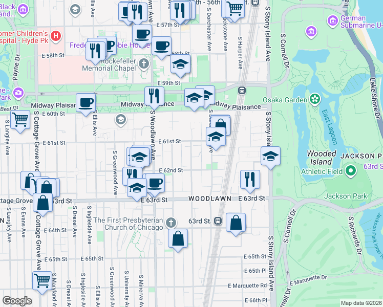 map of restaurants, bars, coffee shops, grocery stores, and more near 6107 South Kenwood Avenue in Chicago