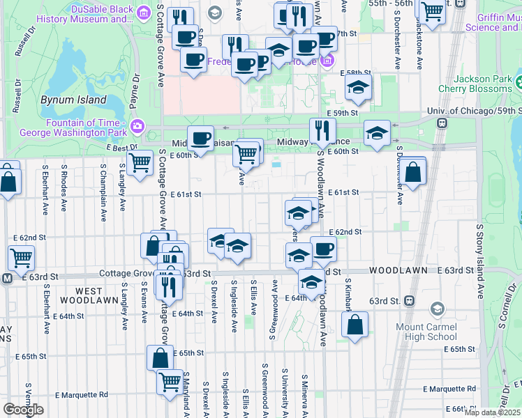 map of restaurants, bars, coffee shops, grocery stores, and more near 1027 East 61st Street in Chicago