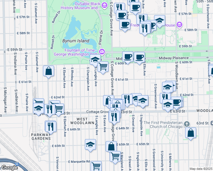 map of restaurants, bars, coffee shops, grocery stores, and more near 6102 South Evans Avenue in Chicago