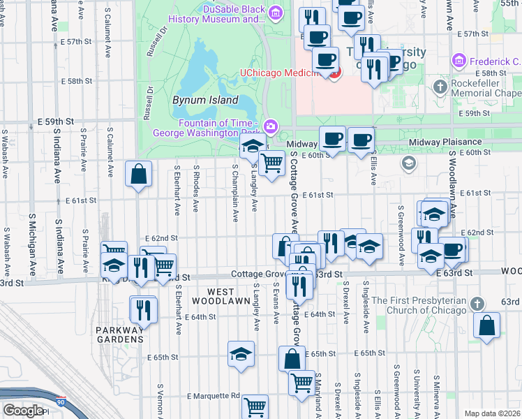map of restaurants, bars, coffee shops, grocery stores, and more near 6102 South Evans Avenue in Chicago
