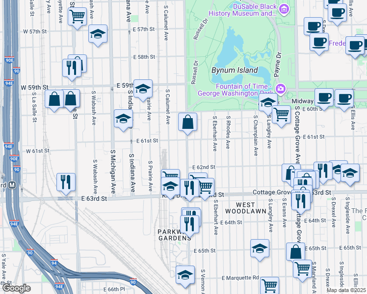 map of restaurants, bars, coffee shops, grocery stores, and more near 362 East 61st Street in Chicago