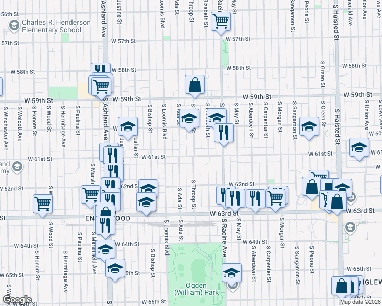 map of restaurants, bars, coffee shops, grocery stores, and more near 6035 South Throop Street in Chicago