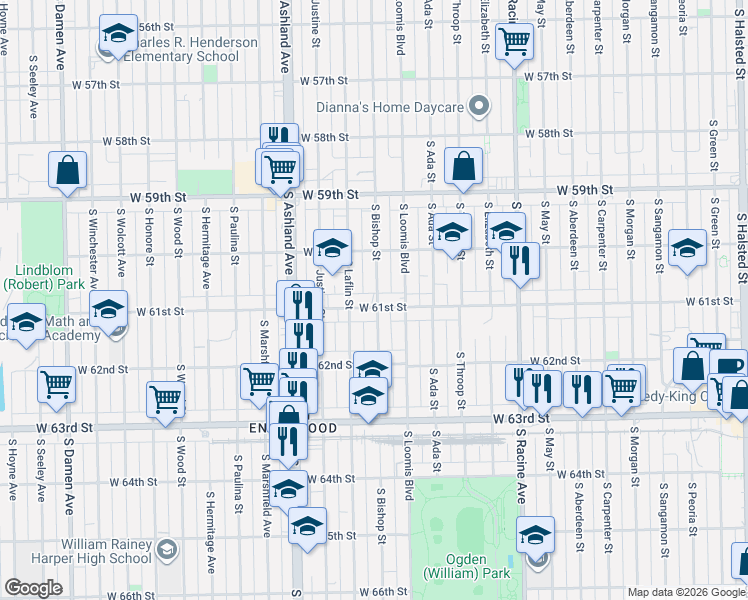 map of restaurants, bars, coffee shops, grocery stores, and more near 6033 South Laflin Street in Chicago