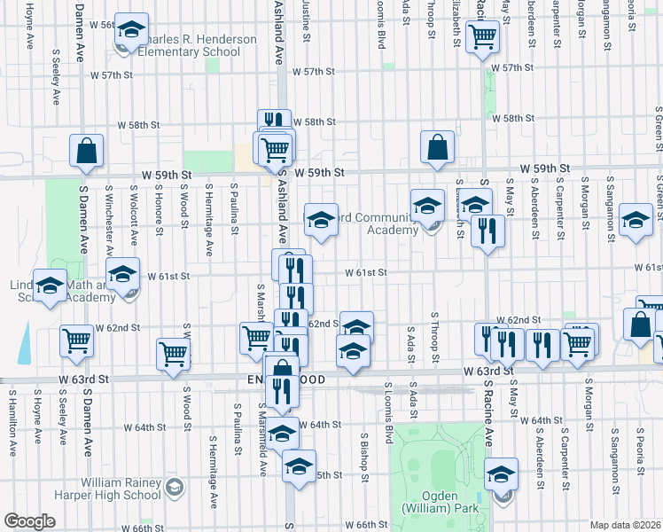 map of restaurants, bars, coffee shops, grocery stores, and more near 6033 South Laflin Street in Chicago