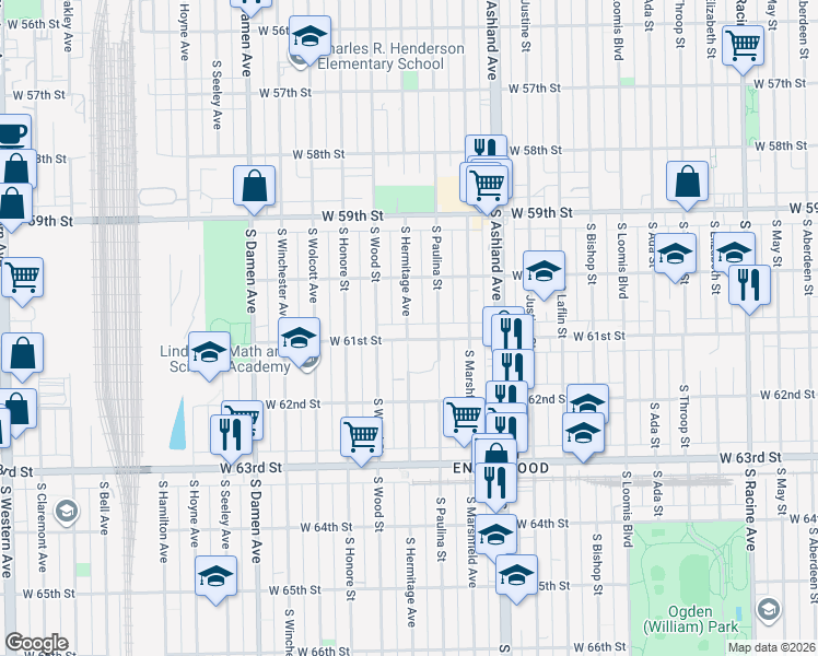 map of restaurants, bars, coffee shops, grocery stores, and more near 6031 South Hermitage Avenue in Chicago