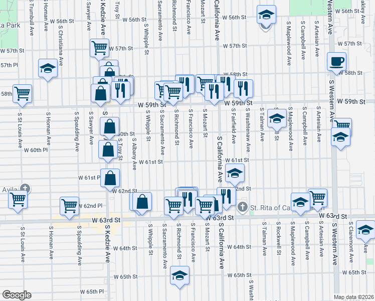 map of restaurants, bars, coffee shops, grocery stores, and more near 6016 South Francisco Avenue in Chicago