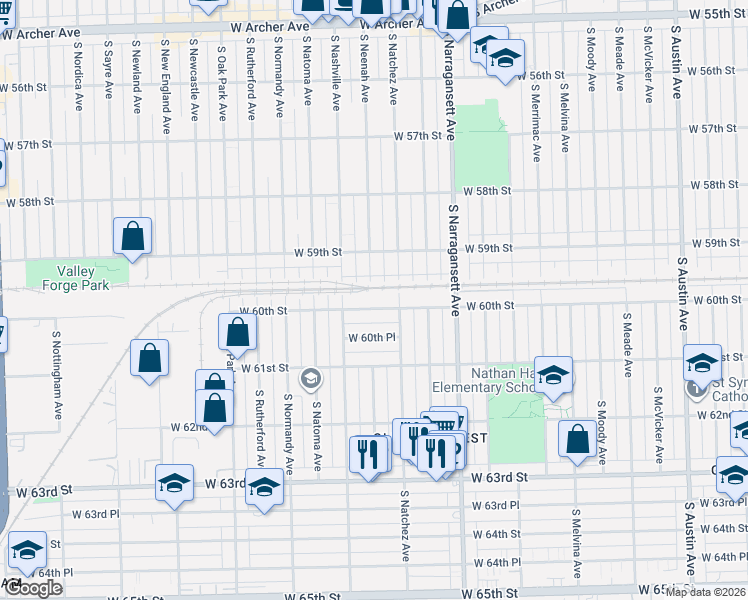 map of restaurants, bars, coffee shops, grocery stores, and more near 5930 South Natchez Avenue in Chicago