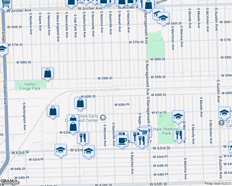 map of restaurants, bars, coffee shops, grocery stores, and more near 5931 South Nashville Avenue in Chicago