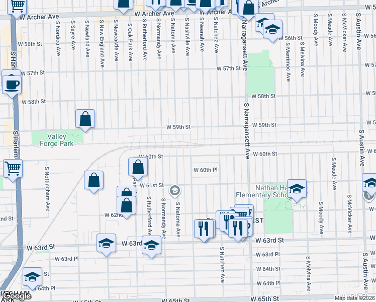 map of restaurants, bars, coffee shops, grocery stores, and more near 5931 South Nashville Avenue in Chicago