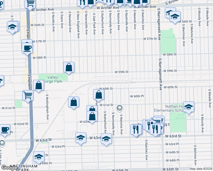 map of restaurants, bars, coffee shops, grocery stores, and more near 5927 South Oak Park Avenue in Chicago