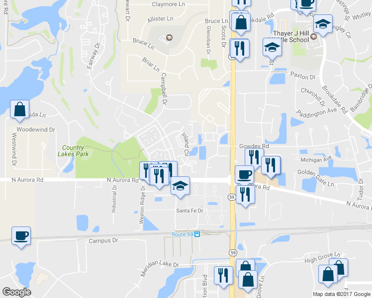 map of restaurants, bars, coffee shops, grocery stores, and more near 764 Inland Circle in Naperville