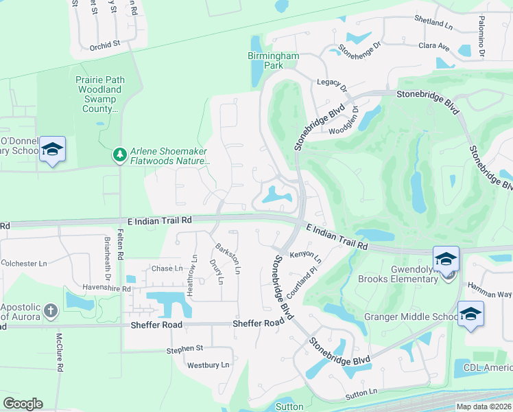 map of restaurants, bars, coffee shops, grocery stores, and more near 2062 Brookside Lane in Aurora