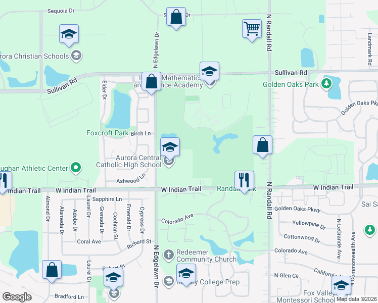 map of restaurants, bars, coffee shops, grocery stores, and more near 1507 Sullivan Rd in Aurora