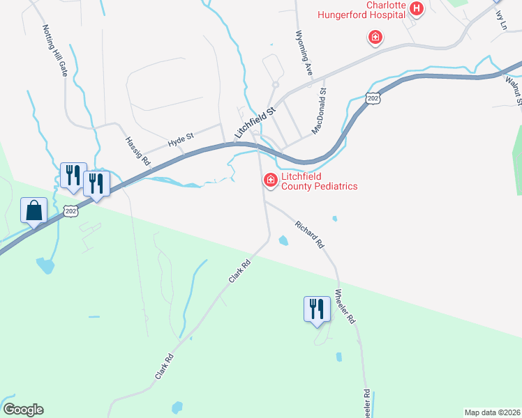 map of restaurants, bars, coffee shops, grocery stores, and more near 109 Peck Road in Torrington