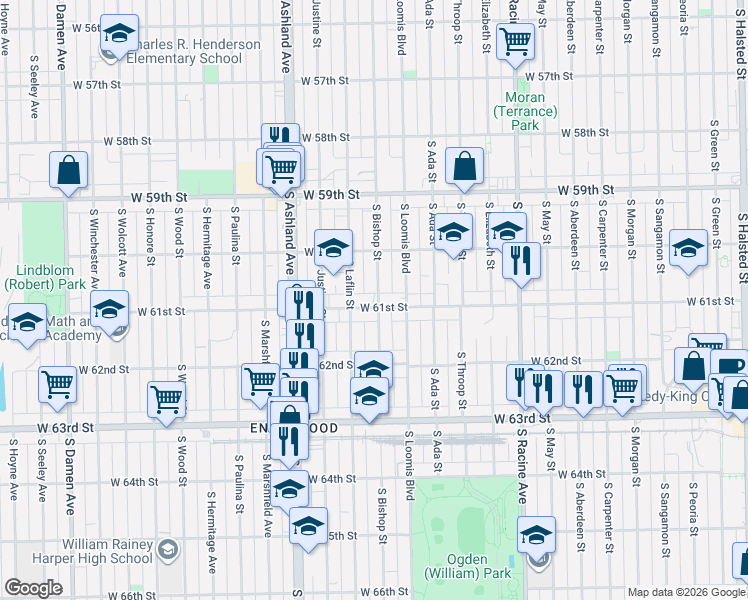 map of restaurants, bars, coffee shops, grocery stores, and more near 6033 South Laflin Street in Chicago