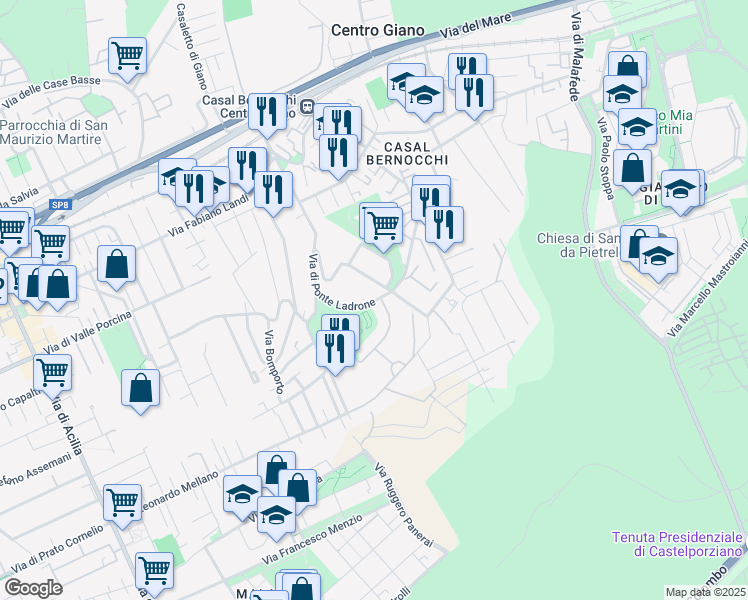 map of restaurants, bars, coffee shops, grocery stores, and more near 79 Via Casal Bernocchi in Città metropolitana di Roma Capitale