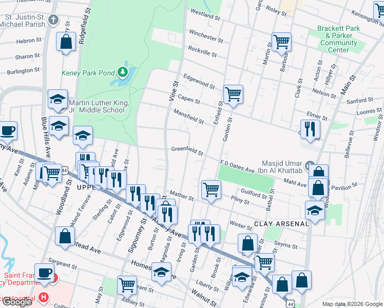 map of restaurants, bars, coffee shops, grocery stores, and more near 42-44 Greenfield Street in Hartford