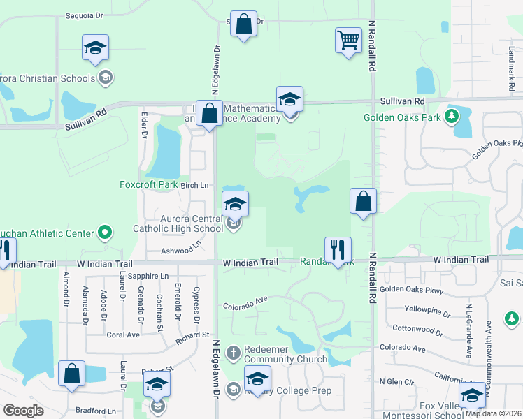 map of restaurants, bars, coffee shops, grocery stores, and more near 1507 Sullivan Rd in Aurora