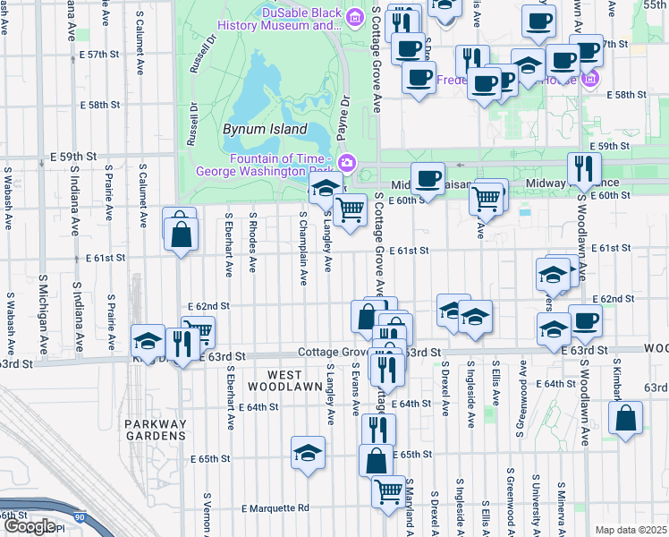 map of restaurants, bars, coffee shops, grocery stores, and more near 6121 South Langley Avenue in Chicago