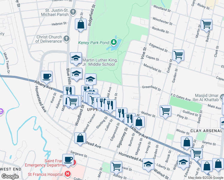 map of restaurants, bars, coffee shops, grocery stores, and more near 171 Greenfield Street in Hartford
