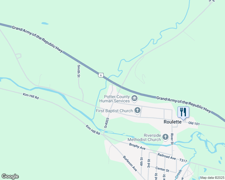 map of restaurants, bars, coffee shops, grocery stores, and more near Creekside Drive in Roulette