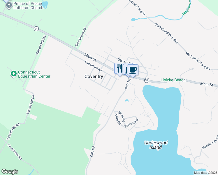 map of restaurants, bars, coffee shops, grocery stores, and more near 43 Kingswood Trail in Coventry