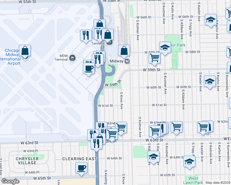 map of restaurants, bars, coffee shops, grocery stores, and more near 6001 South Kilpatrick Avenue in Chicago