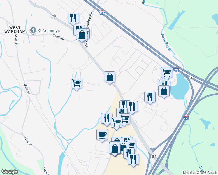 map of restaurants, bars, coffee shops, grocery stores, and more near 2403 Cranberry Highway in Wareham