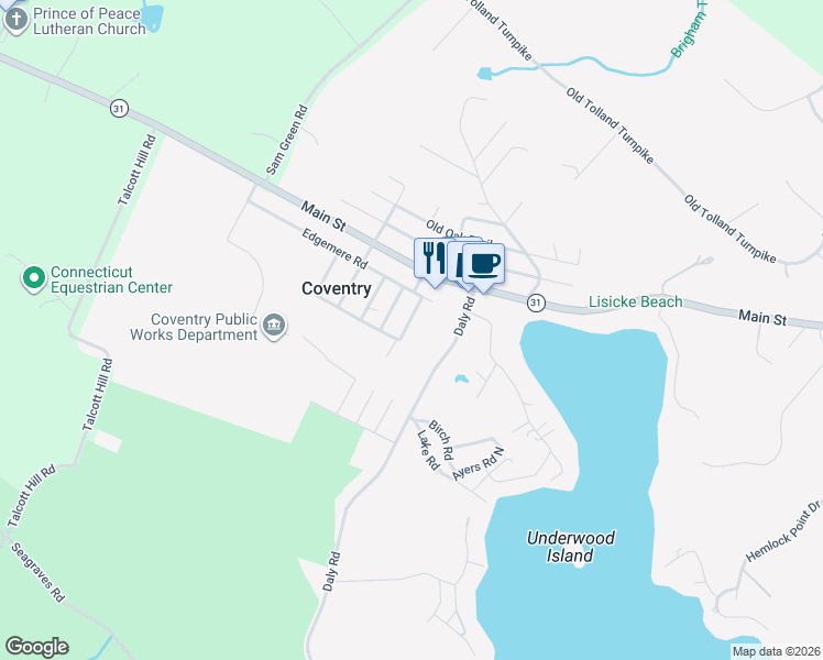 map of restaurants, bars, coffee shops, grocery stores, and more near 35 Knollwood Trail in Coventry