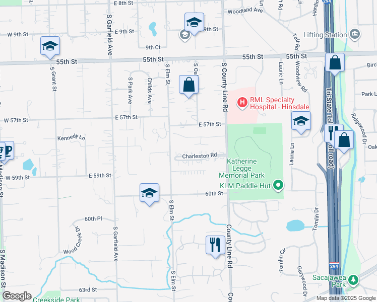 map of restaurants, bars, coffee shops, grocery stores, and more near 704 Chanticleer Lane in Hinsdale