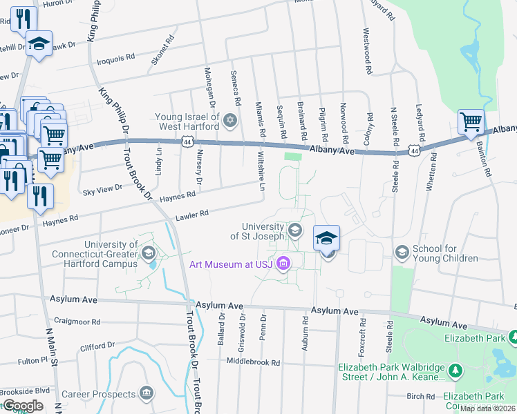 map of restaurants, bars, coffee shops, grocery stores, and more near 12 Lawler Road in West Hartford