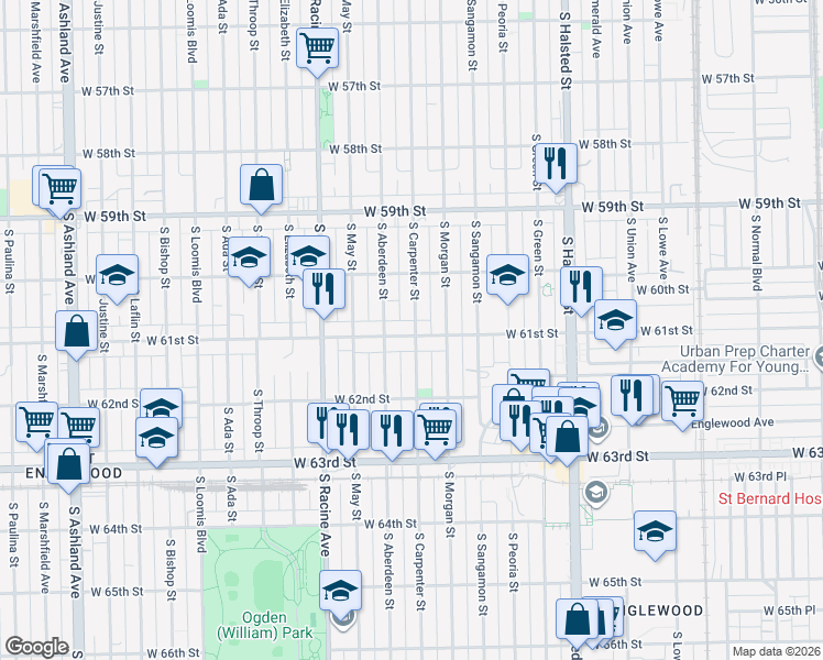 map of restaurants, bars, coffee shops, grocery stores, and more near 1034 West 61st Street in Chicago
