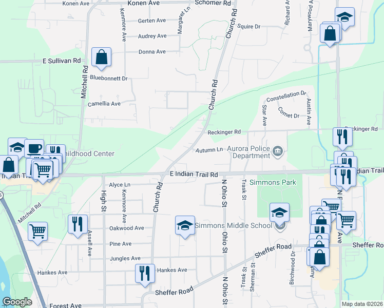 map of restaurants, bars, coffee shops, grocery stores, and more near 1300 Church Road in Aurora