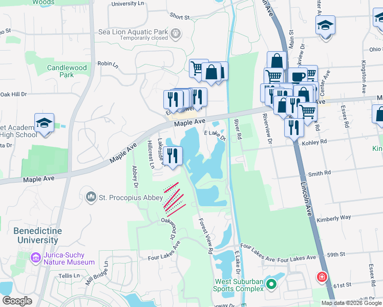map of restaurants, bars, coffee shops, grocery stores, and more near 1615 Maple Terrace in Lisle