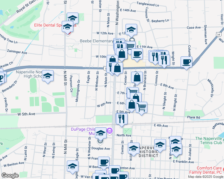 map of restaurants, bars, coffee shops, grocery stores, and more near 669 North Washington Street in Naperville