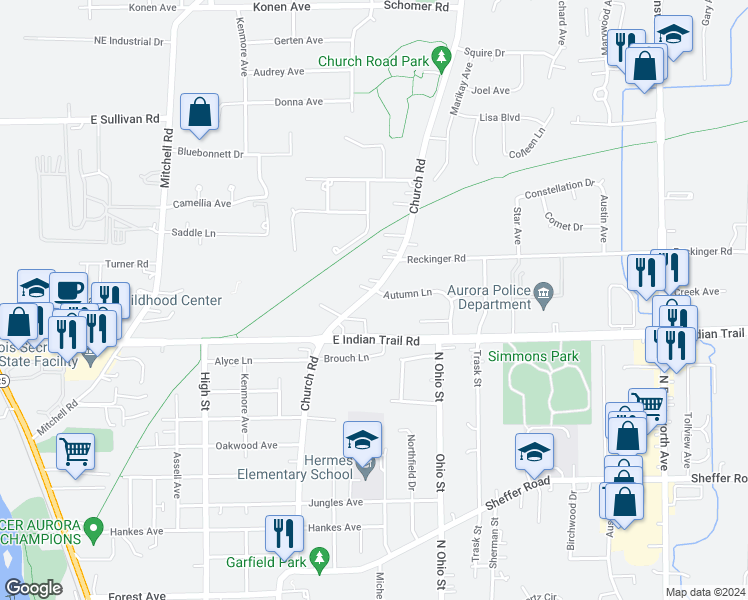 map of restaurants, bars, coffee shops, grocery stores, and more near 901 Autumn Lane in Aurora