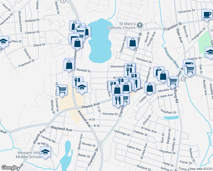 map of restaurants, bars, coffee shops, grocery stores, and more near 55 Greene Avenue in Cranston