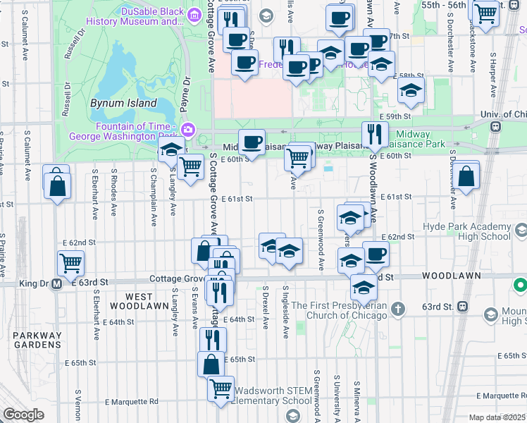 map of restaurants, bars, coffee shops, grocery stores, and more near 6116 South Ingleside Avenue in Chicago