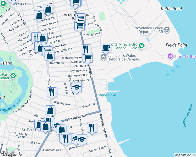map of restaurants, bars, coffee shops, grocery stores, and more near 70 Narragansett Street in Cranston
