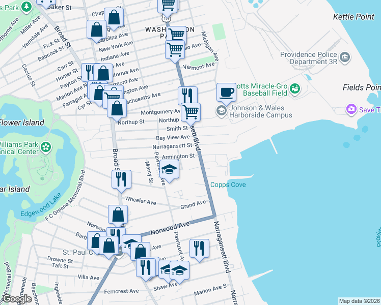 map of restaurants, bars, coffee shops, grocery stores, and more near 165 Narragansett Street in Cranston