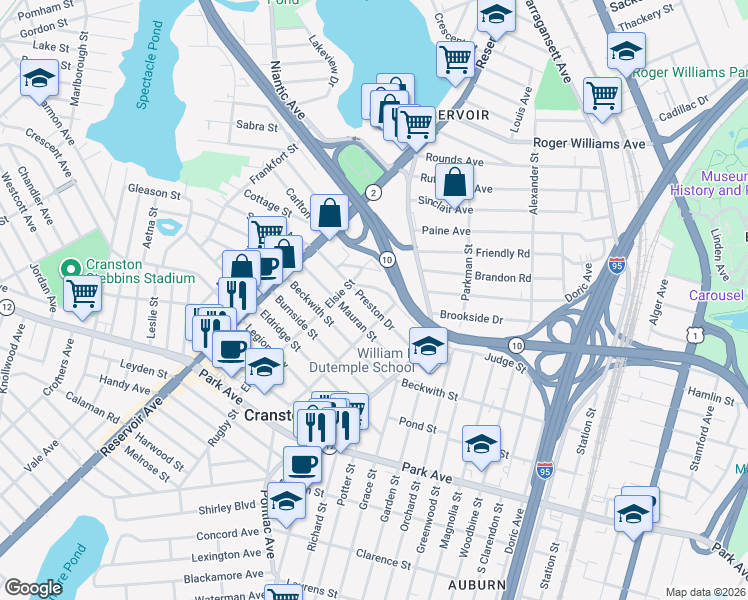 map of restaurants, bars, coffee shops, grocery stores, and more near 71 Beacon Circle in Cranston
