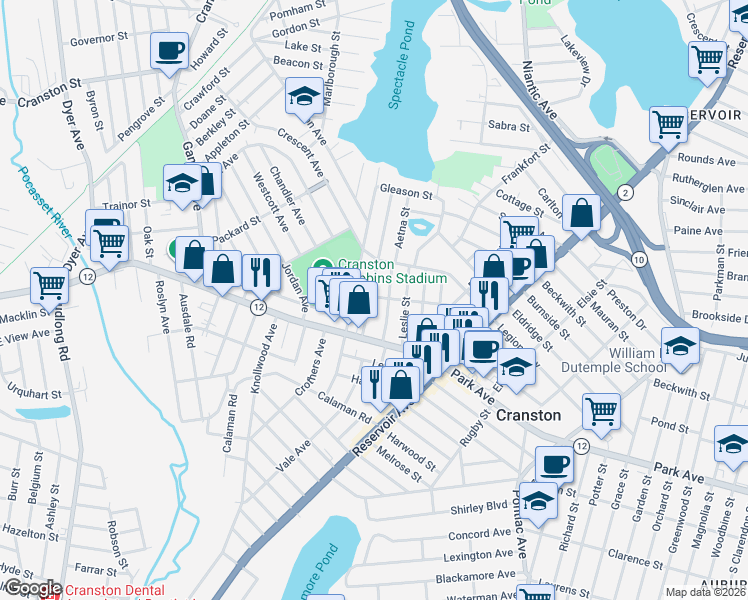 map of restaurants, bars, coffee shops, grocery stores, and more near 62 Grantland Road in Cranston