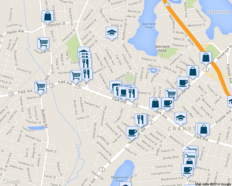 map of restaurants, bars, coffee shops, grocery stores, and more near 20 Jordan Avenue in Cranston