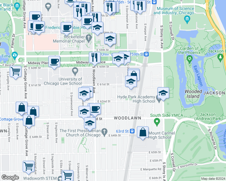 map of restaurants, bars, coffee shops, grocery stores, and more near 1321 East 61st Street in Chicago