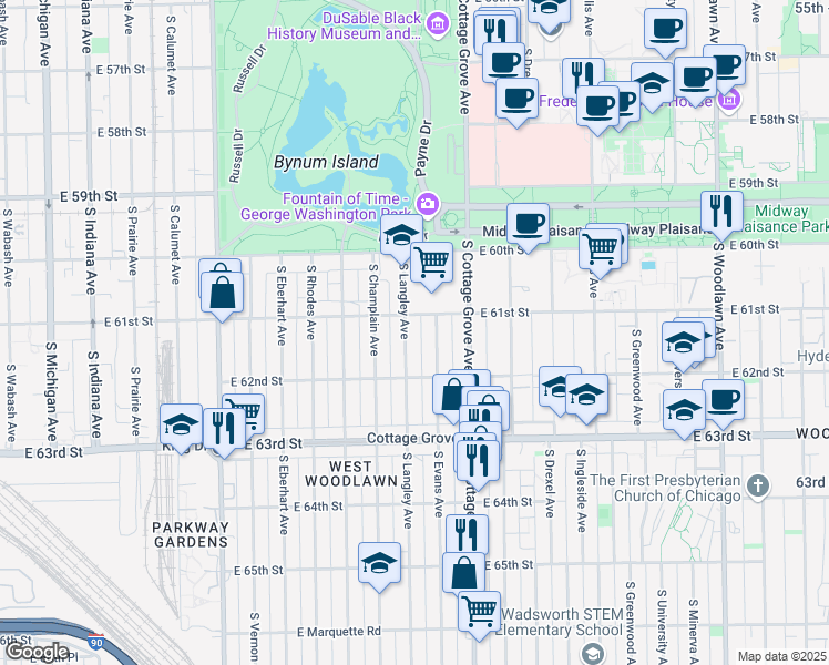 map of restaurants, bars, coffee shops, grocery stores, and more near 6102 South Evans Avenue in Chicago
