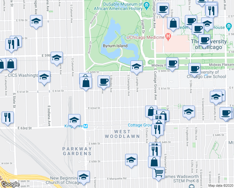map of restaurants, bars, coffee shops, grocery stores, and more near 6105 South Rhodes Avenue in Chicago