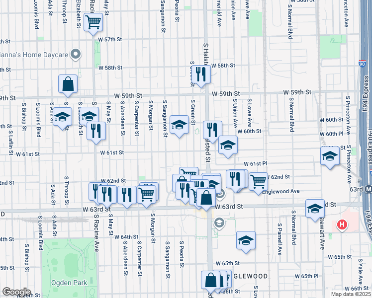 map of restaurants, bars, coffee shops, grocery stores, and more near 6036 South Green Street in Chicago