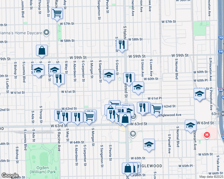 map of restaurants, bars, coffee shops, grocery stores, and more near 6036 South Green Street in Chicago